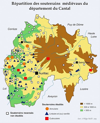 Répartition des souterrains médiévaux du Cantal (infographie : J.P. Usse).