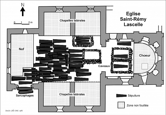 Plan de répartition des sépulture dans l'église de Lascelle (1986).