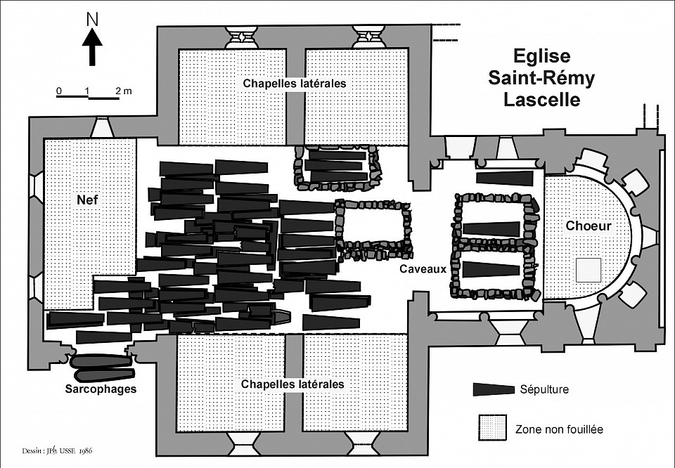 Plan de répartition des sépulture dans l'église de Lascelle (Cantal (Dessin : J.-P. Usse, 1986)..