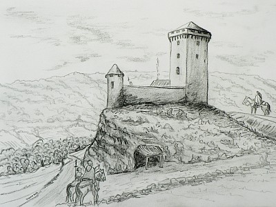 Site fortifié de Falhies à Vezic (essais de restitution - Dessin : J.-P. Usse).).