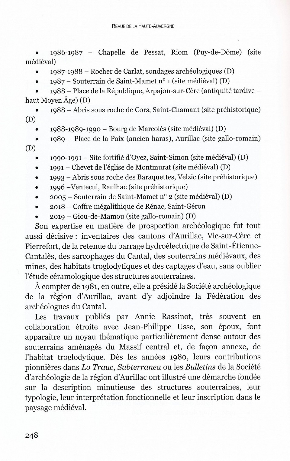Rassinot Annie archéologue  enseignante professeur d'histoire thèse doctorat souterrain Auvergne Usse Jean-Philippe