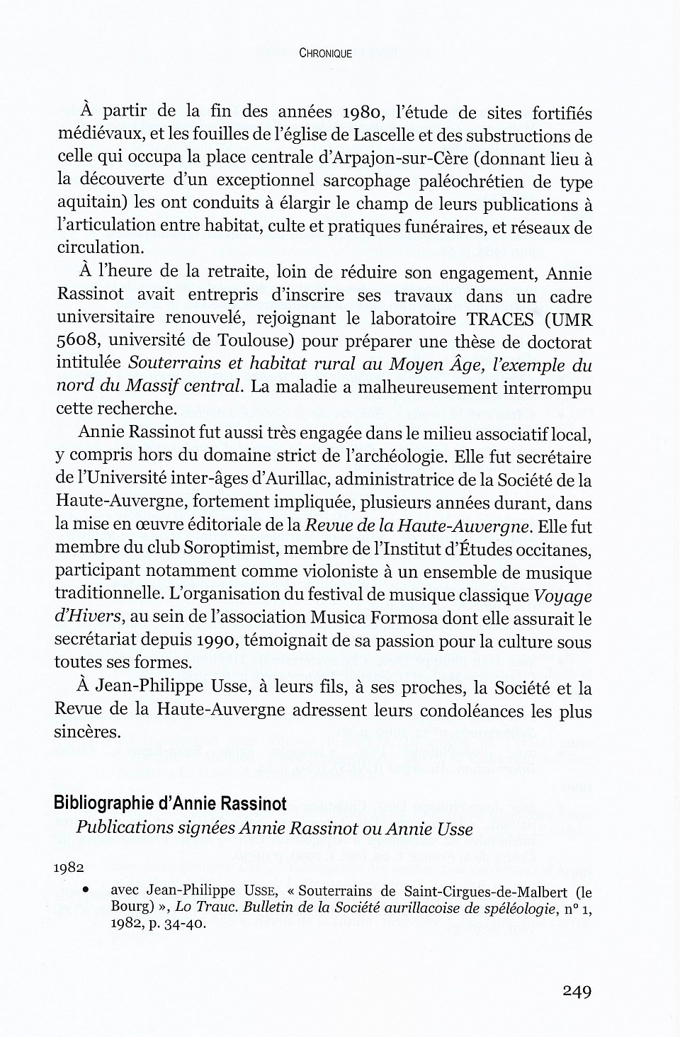 Rassinot Annie archéologue  enseignante professeur d'histoire thèse doctorat souterrain Auvergne Usse Jean-Philippe