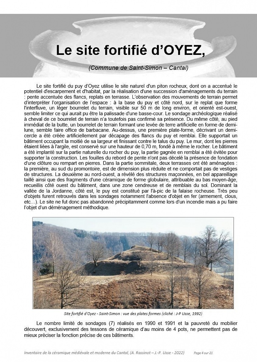 Etude céramologique des sites défensifs et souterrains médiévaux et du Cantal   (Annie RASSINOT et Jean-Philippe USSE -2021 – 2023).