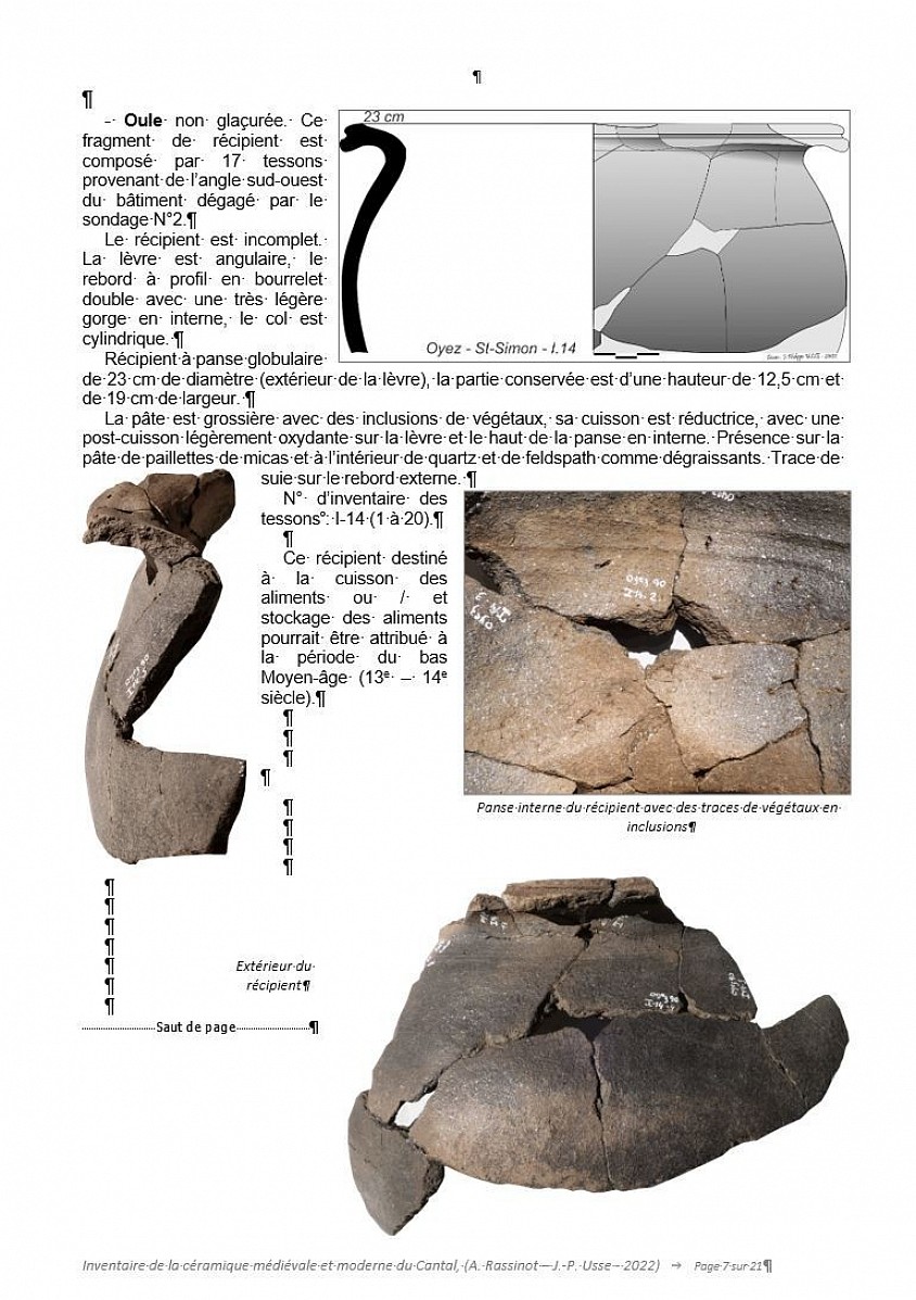 Etude céramologique des sites défensifs et souterrains médiévaux et du Cantal   (Annie RASSINOT et Jean-Philippe USSE -2021 – 2023).