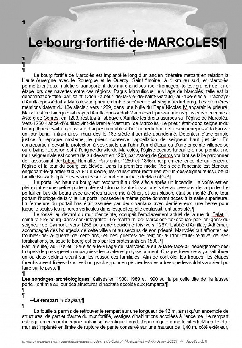 Etude céramologique des sites défensifs et souterrains médiévaux et du Cantal   (Annie RASSINOT et Jean-Philippe USSE -2021 – 2023).