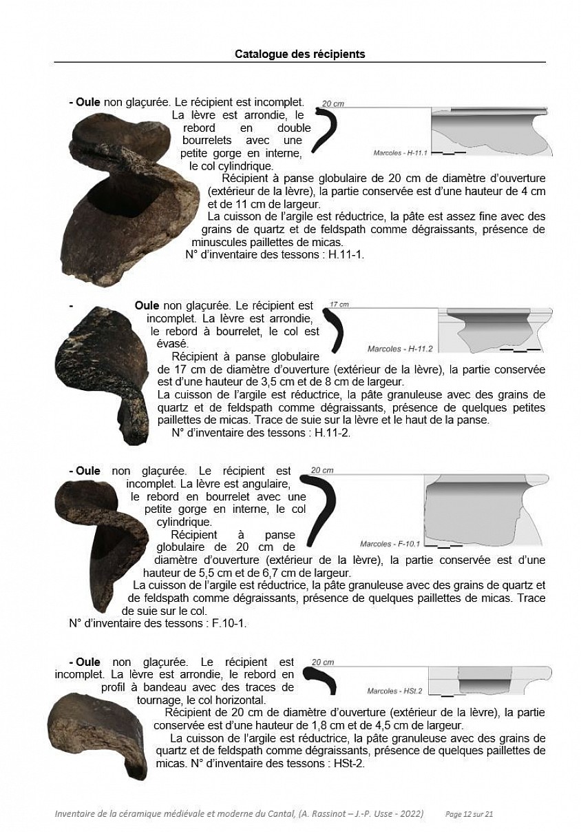 Etude céramologique des sites défensifs et souterrains médiévaux et du Cantal   (Annie RASSINOT et Jean-Philippe USSE -2021 – 2023).