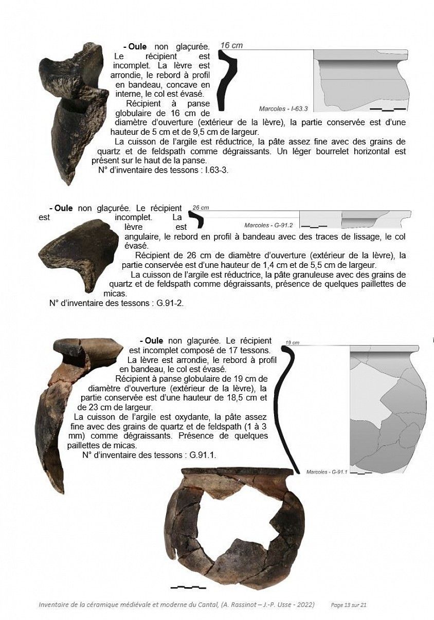 Etude céramologique des sites défensifs et souterrains médiévaux et du Cantal   (Annie RASSINOT et Jean-Philippe USSE -2021 – 2023).