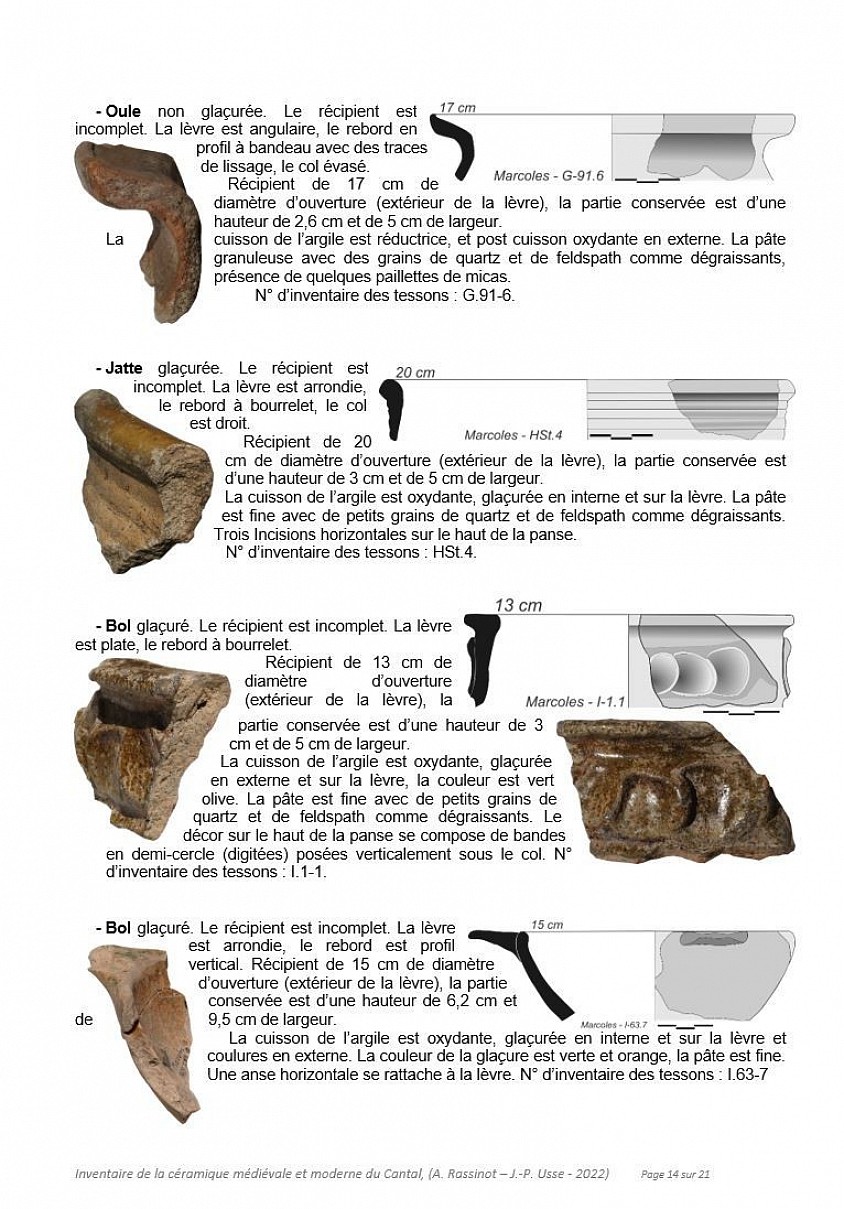 Etude céramologique des sites défensifs et souterrains médiévaux et du Cantal   (Annie RASSINOT et Jean-Philippe USSE -2021 – 2023).